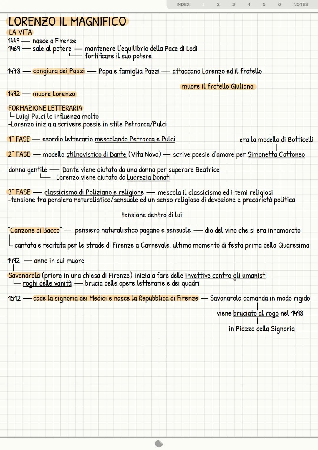 INDEX
2
3
4
5
6
NOTES
UMANESIMO E RINASCIMENTO
Cesura tra Medioevo ed Epoca Moderna — cambiamento radicale di mentalità
1400-1453 fine guerr