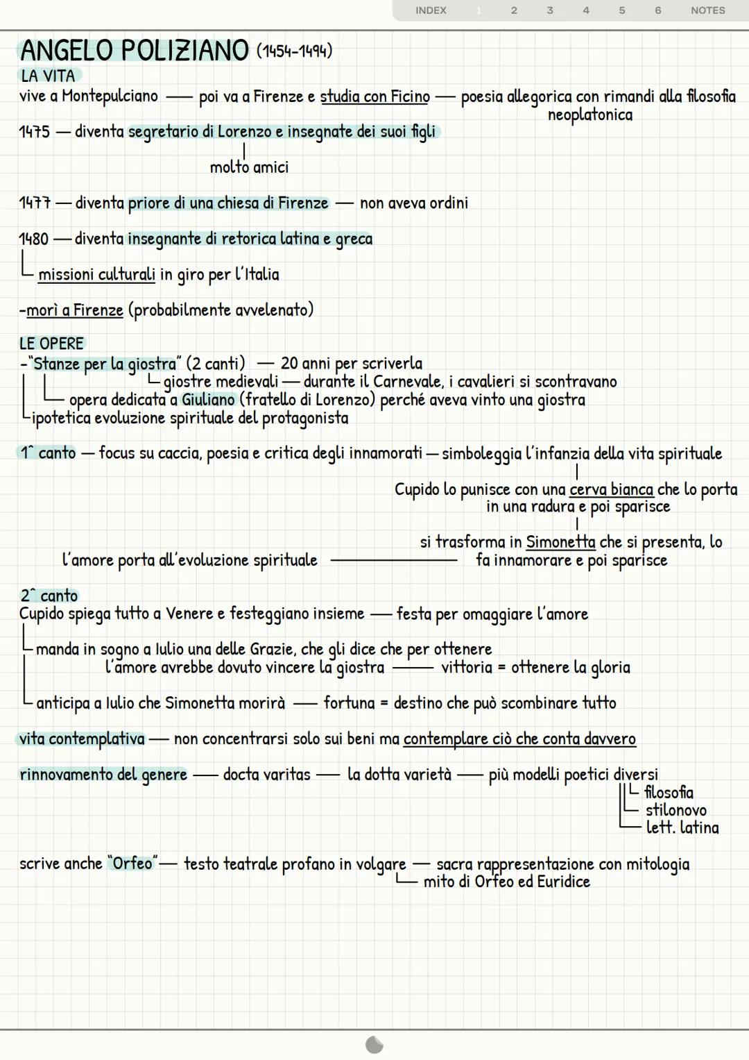 INDEX
2
3
4
5
6
NOTES
UMANESIMO E RINASCIMENTO
Cesura tra Medioevo ed Epoca Moderna — cambiamento radicale di mentalità
1400-1453 fine guerr