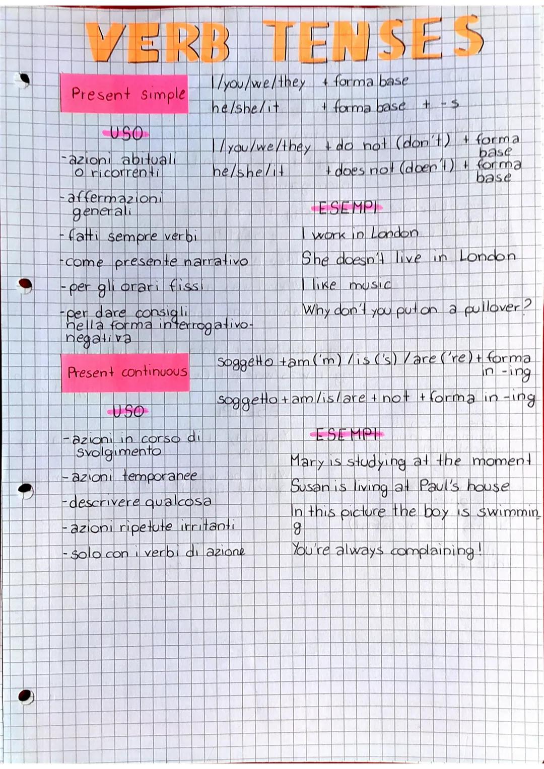 VERB TENSES
Present Simple
USO
-azioni abituali
Oricorrentil
-affermazioni
generali
- fatti sempre verbi
/you/we/they
+forma base
he/she/it