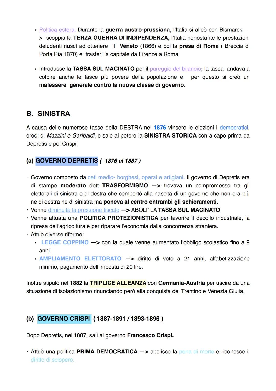 DESTRA E SINISTRA STORICHE
L'Italia tra il 1861 e il 1887 si trovava in una situazione economica sfavorevole:
•
l'economia era arretrata
•
a