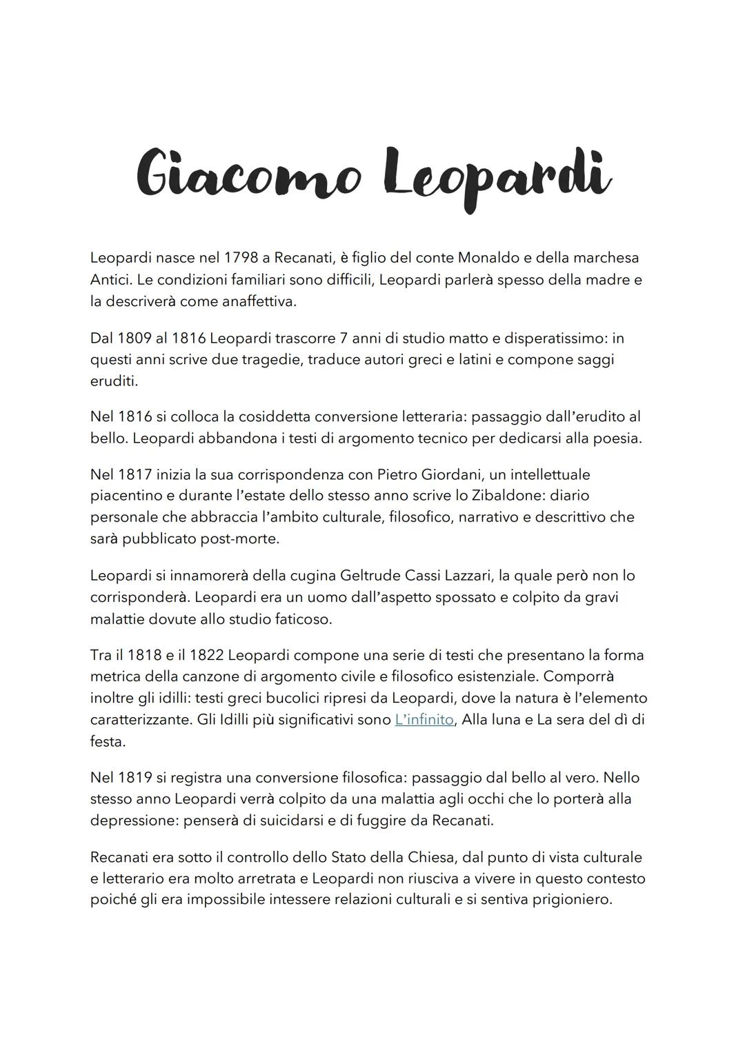 # Giacomo Leopardi
Leopardi nasce nel 1798 a Recanati, è figlio del conte Monaldo e della marchesa
Antici. Le condizioni familiari sono dif