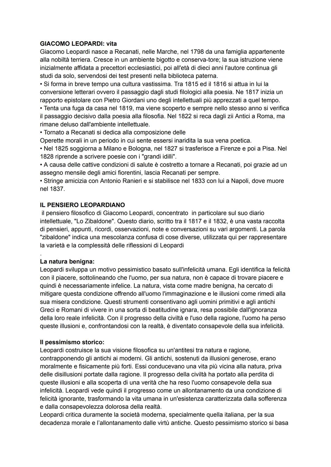 # GIACOMO LEOPARDI: vita
Giacomo Leopardi nasce a Recanati, nelle Marche, nel 1798 da una famiglia appartenente
alla nobiltà terriera. Cres