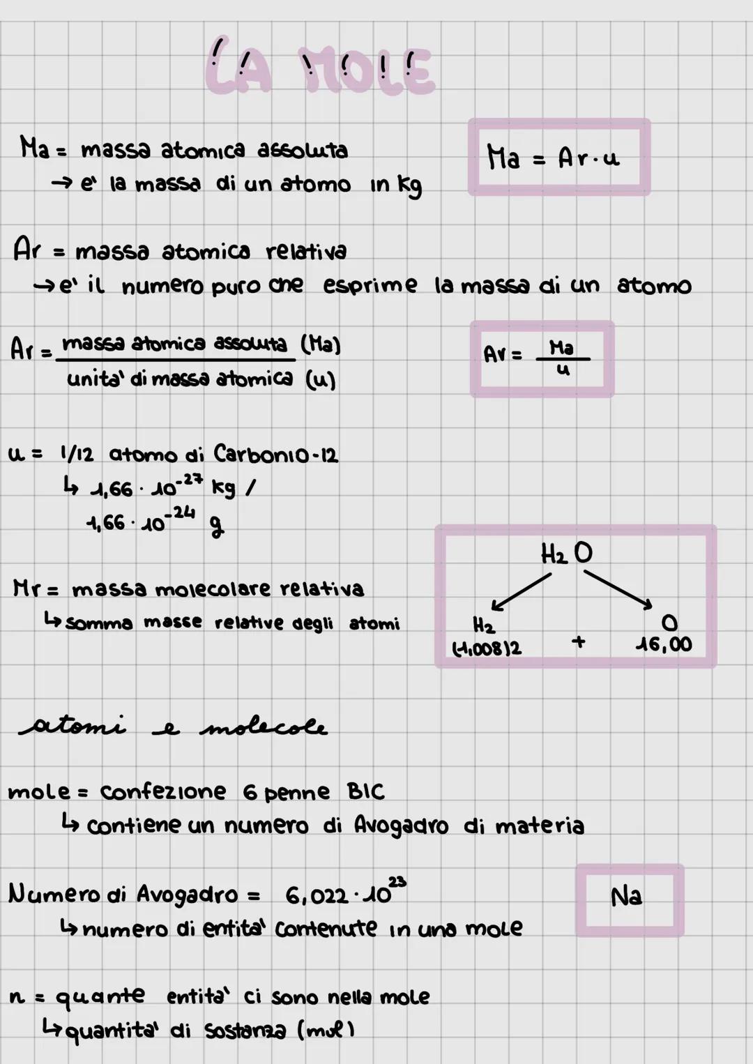 # LA MOLE
Ma = massa atomica assoluta
$
\rightarrow e' \text{la massa di un atomo in kg}
$
Ar = massa atomica relativa
$
\rightarrow e' \t