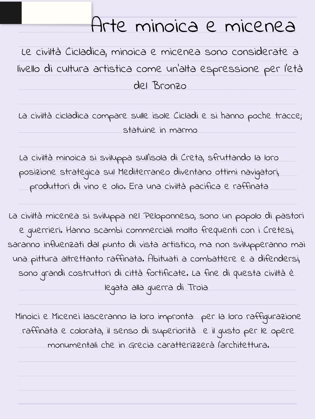 # Arte minoica e micenea
Le civiltà Cicladica, minoica e micenea sono considerate a
livello di cultura artistica come un'alta espressione p