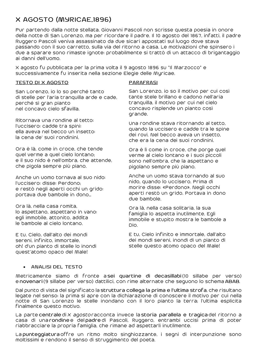 # X AGOSTO (MYRICAE,1896)
Pur partendo dalla notte stellata. Giovanni Pascoli non scrisse questa poesia in onore
della notte di San Lorenzo