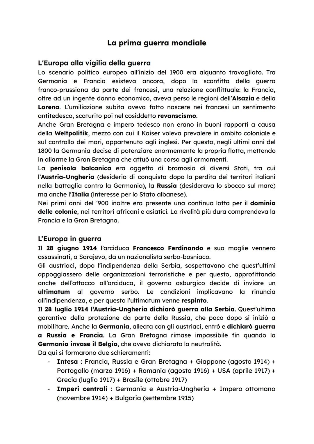 La prima guerra mondiale
L'Europa alla vigilia della guerra
Lo scenario politico europeo all'inizio del 1900 era alquanto travagliato. Tra
G