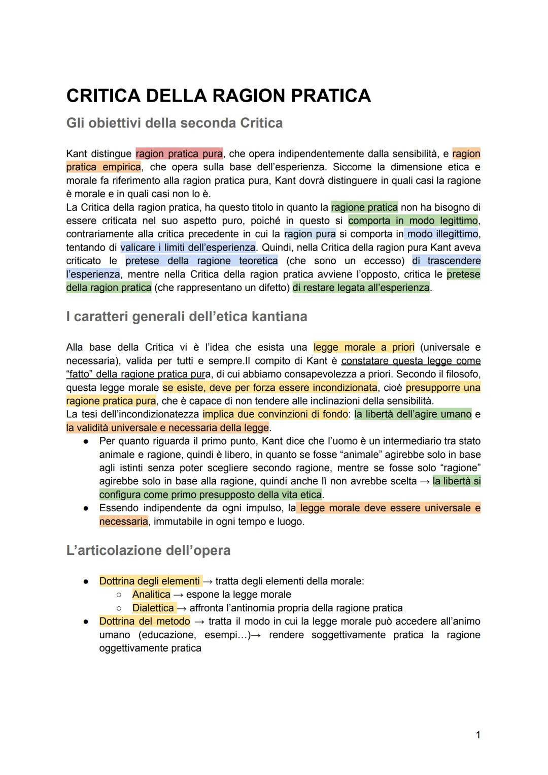 # CRITICA DELLA RAGION PRATICA
Gli obiettivi della seconda Critica
Kant distingue ragion pratica pura, che opera indipendentemente dalla s