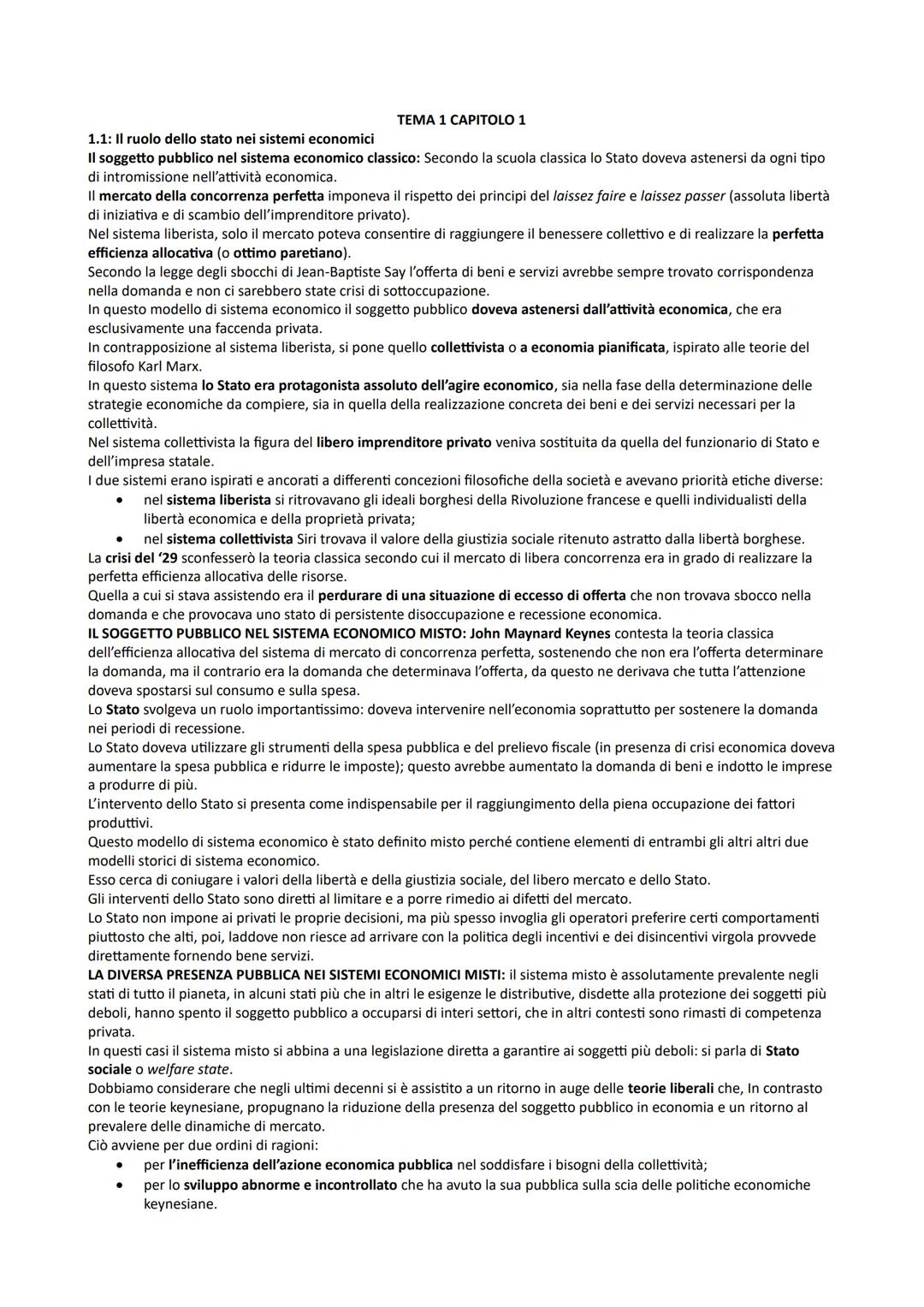 # TEMA 1 CAPITOLO 1
1.1: Il ruolo dello stato nei sistemi economici
Il soggetto pubblico nel sistema economico classico: Secondo la scuola