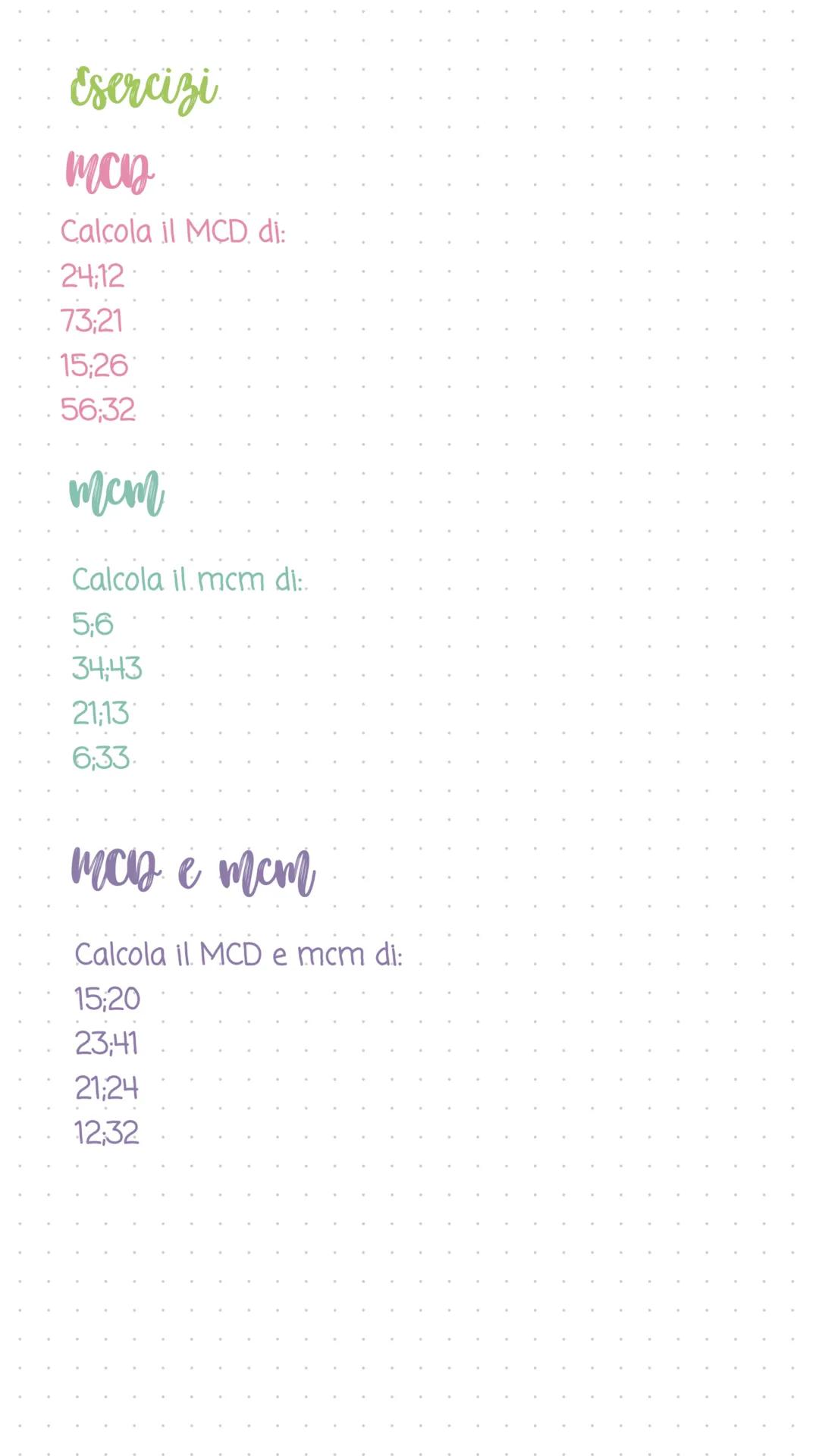 MCD
MCD e mcm
II MCD (Massimo Comune Divisore) è il divisore
grande tra due o più numeri diverso da 1.
es. MCD (15,25) = 5
15 13
5 5
1
15=3