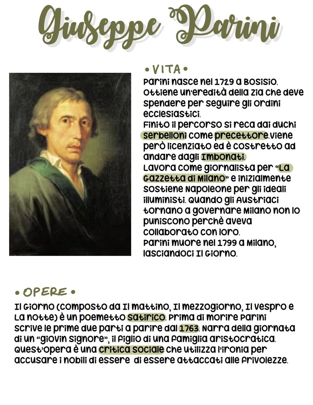 # Giuseppe Parini
• VITA.
Parini nasce nel 1729 A BOSISIO.
Ottiene un'eredità della zia che deve
spendere per seguire gli ordini
ecclesia