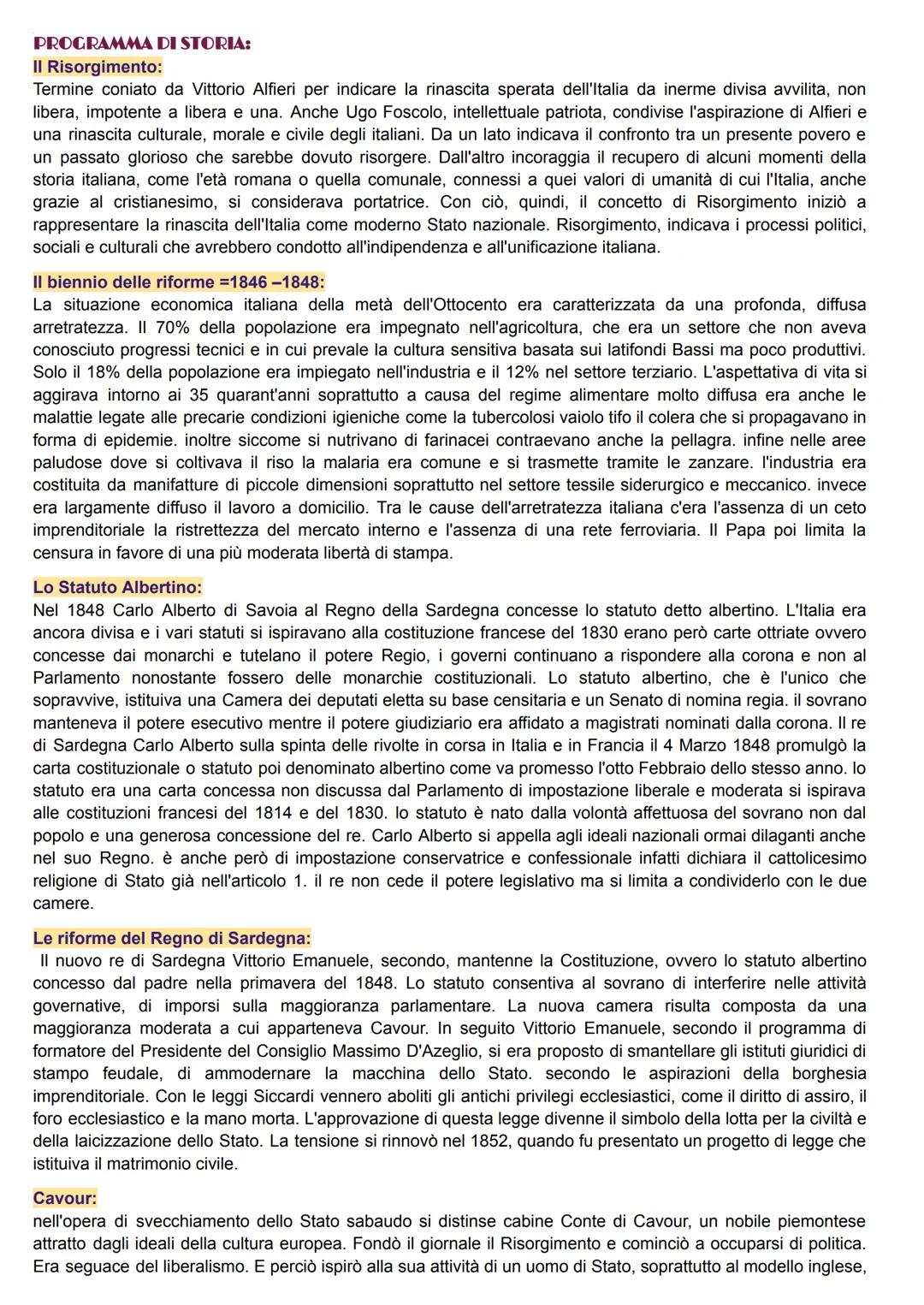 PROGRAMMA DI STORIA:
Il Risorgimento:
Termine coniato da Vittorio Alfieri per indicare la rinascita sperata dell'Italia da inerme divisa avv