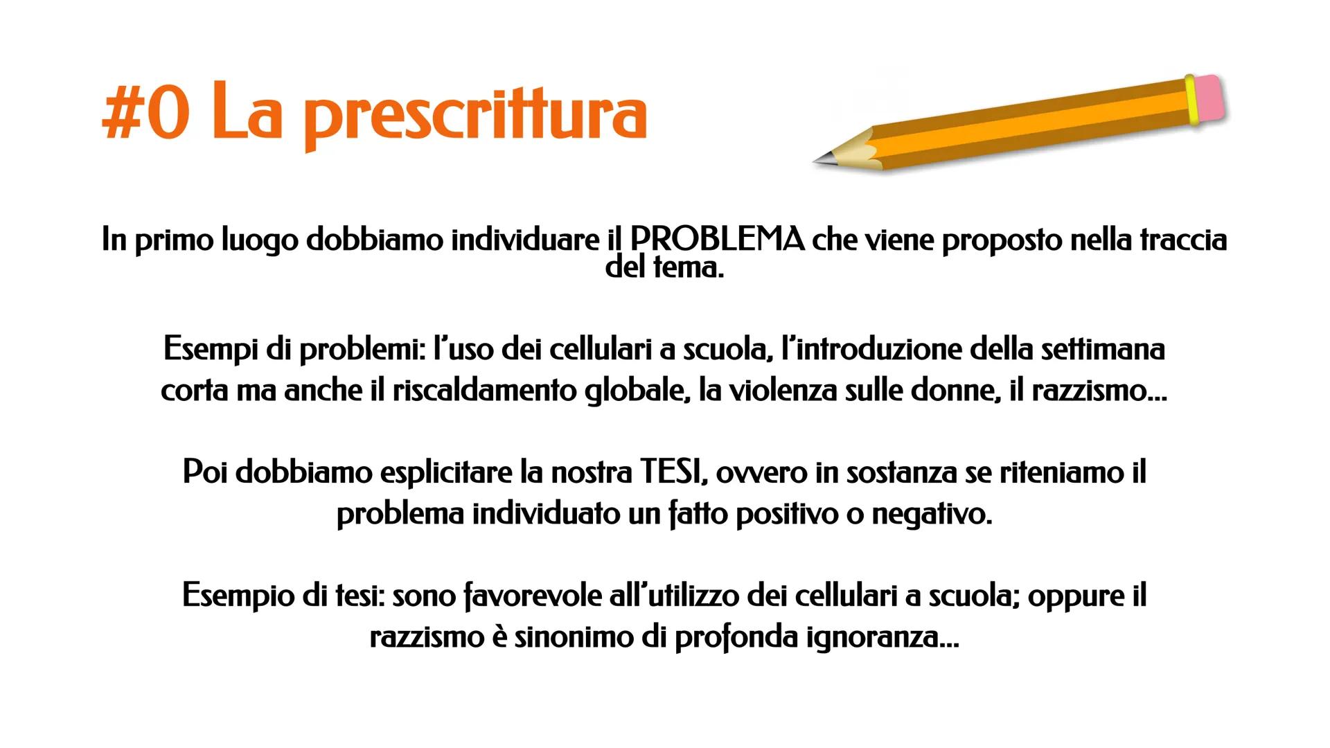 #0 La prescrittura
#1 L'introduzione
Come si scrive un testo
argomentativo
#2 Lo sviluppo
#3 La conclusione #0 La prescrittura
In primo