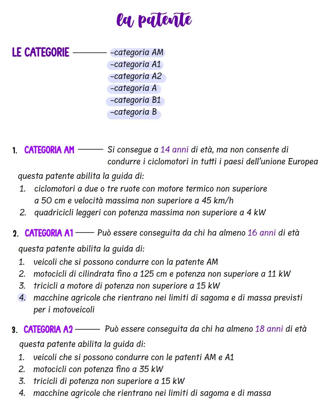 LE CATEGORIE
la patente
-categoria AM
-categoria A1
-categoria A2
-categoria A
-categoria B1
-categoria B
1. CATEGORIA AM
Si consegue a 14 a