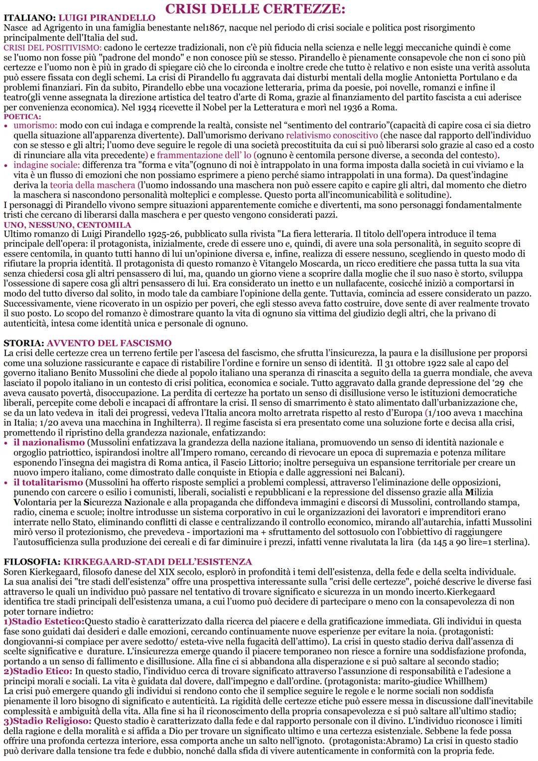 CRISI DELLE CERTEZZE:
ITALIANO: LUIGI PIRANDELLO
Nasce ad Agrigento in una famiglia benestante nel1867, nacque nel periodo di crisi sociale