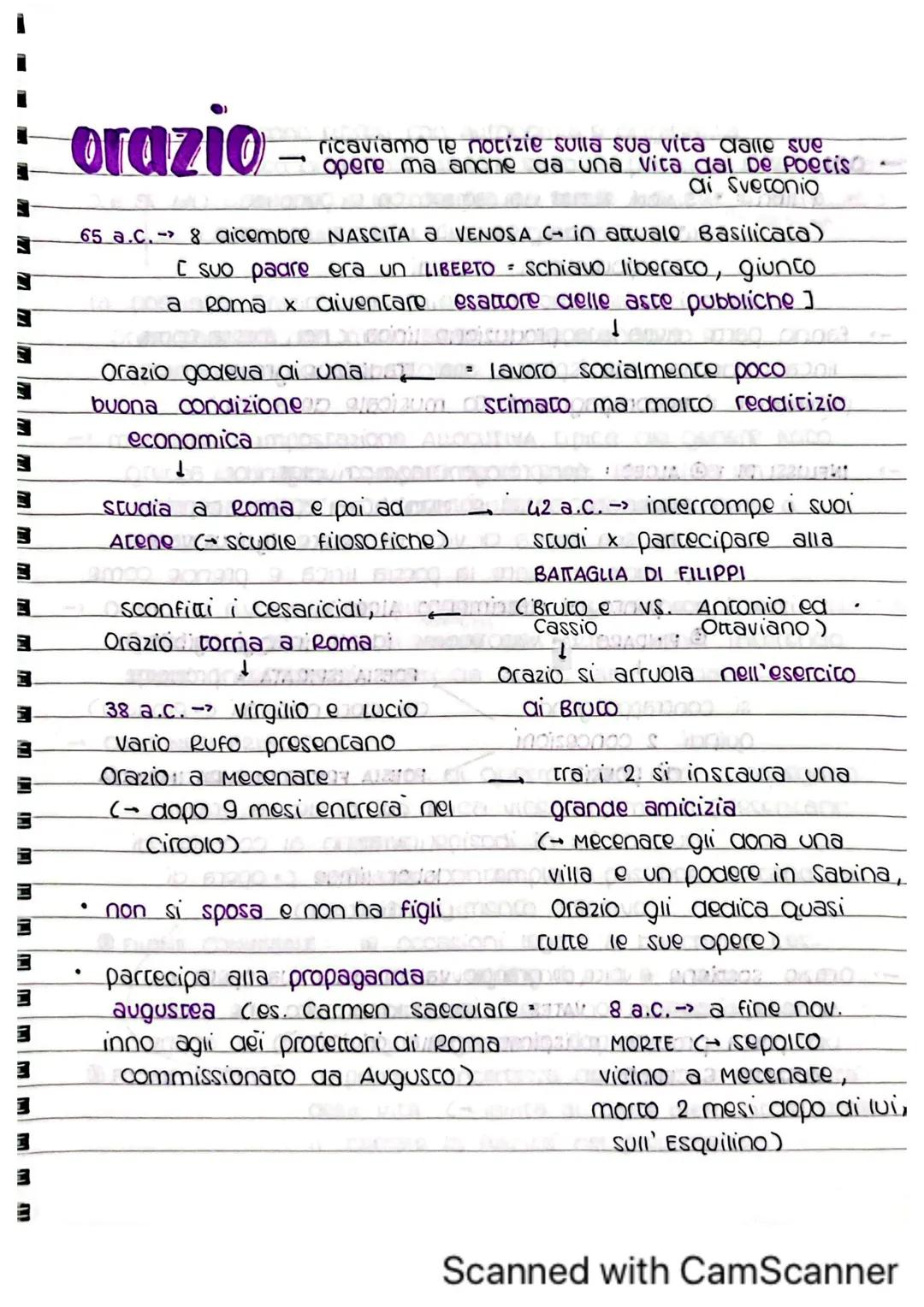 # orazio-
ricaviamo le notizie sulla sua vita dalle sue
opere ma anche da una vita dal De Poetis
ai Svetonio
65 a.c. 8 dicembre NASCITA A V