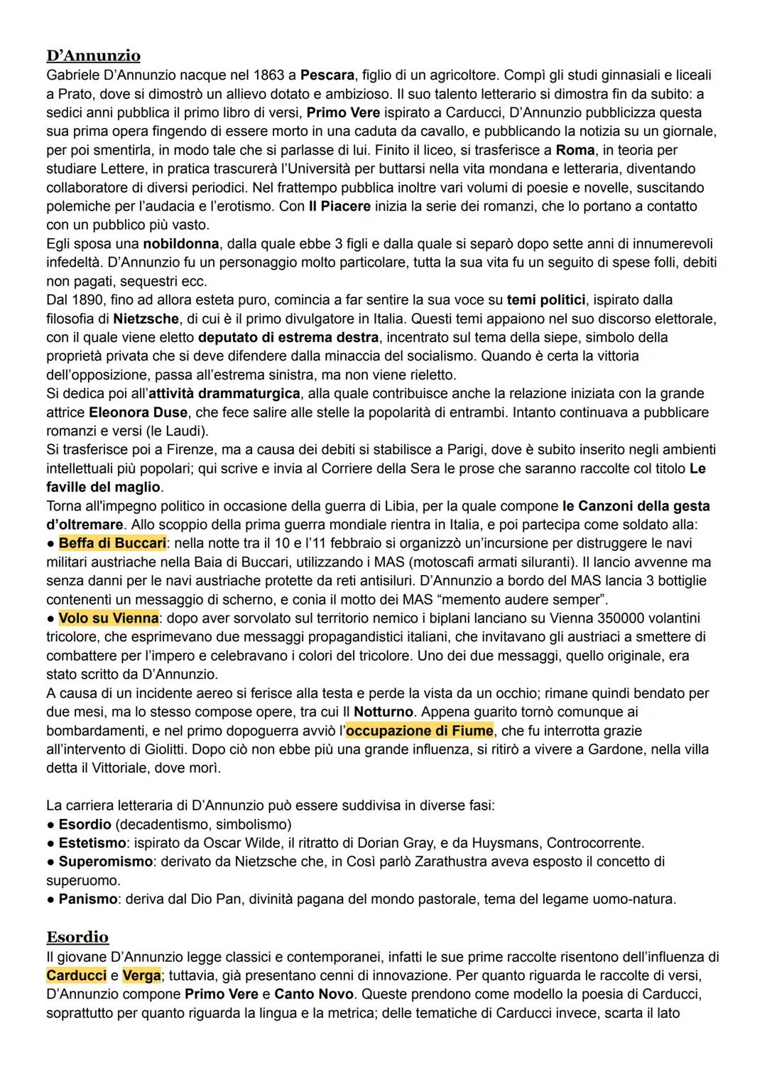 # D'Annunzio
Gabriele D'Annunzio nacque nel 1863 a Pescara, figlio di un agricoltore. Compì gli studi ginnasiali e liceali
a Prato, dove si
