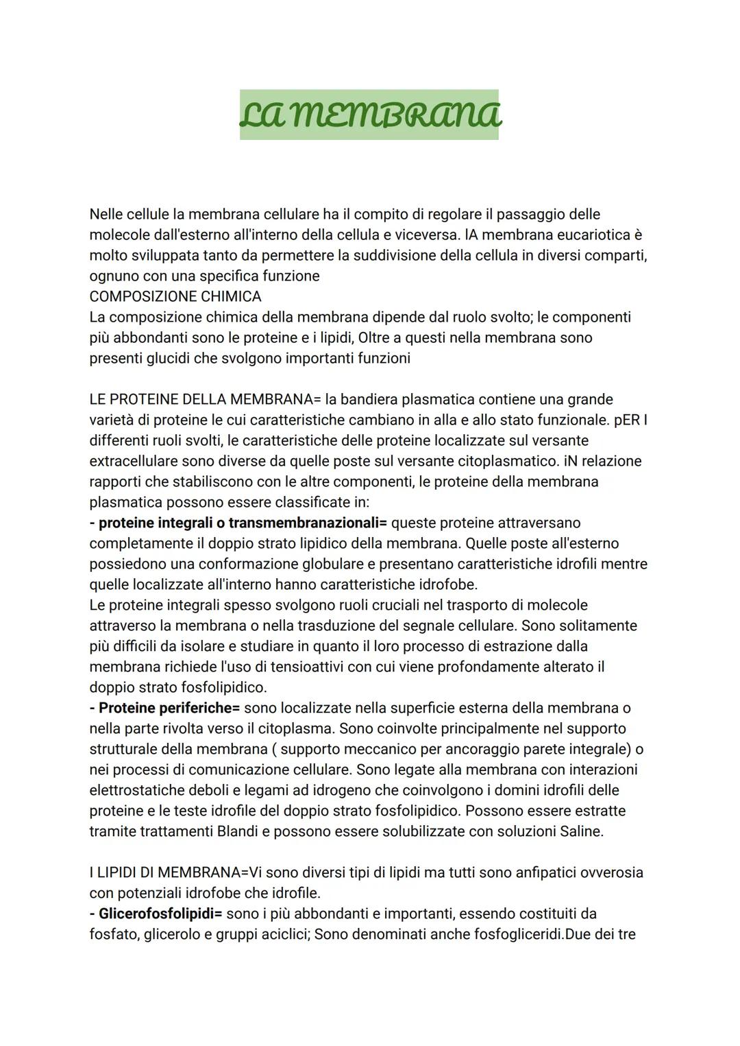 # LA MEMBRANA
Nelle cellule la membrana cellulare ha il compito di regolare il passaggio delle
molecole dall'esterno all'interno della cell