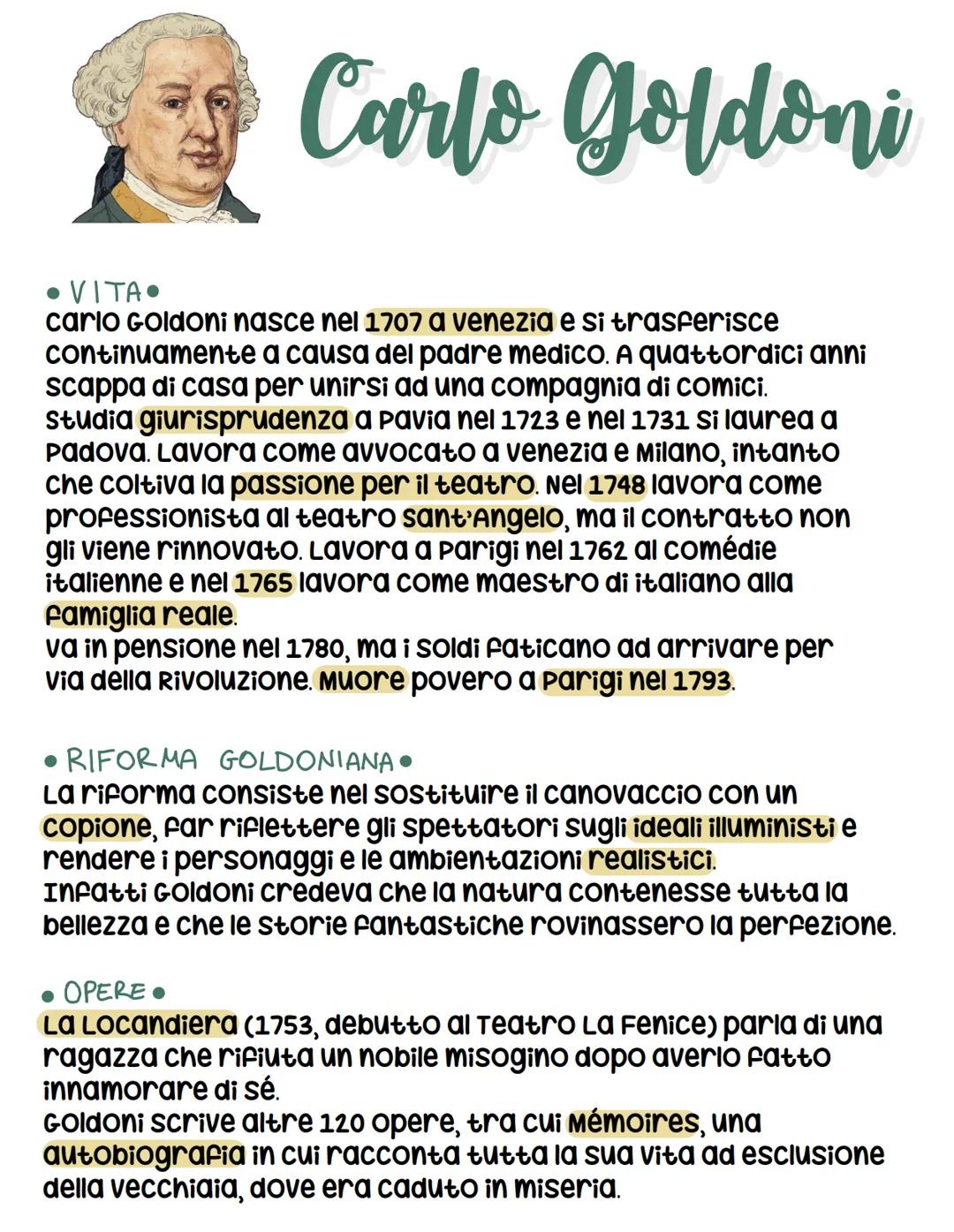 # Carlo Goldoni
• VITA
cario Goldoni nasce nel 1707 a venezia e si trasferisce
continuamente a causa del padre medico. A quattordici anni
s