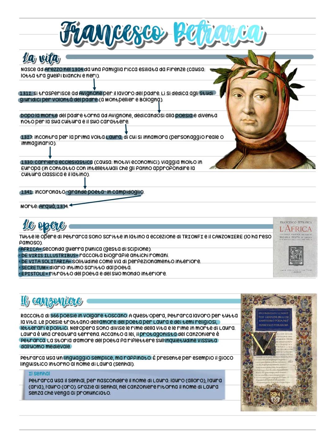 # Francesco Petrarca
La vita
Nasce ad Arezzo nel 1304 da una famiglia ricca esiliata da Firenze (causa:
lotta tra guelfi bianchi e neri).
