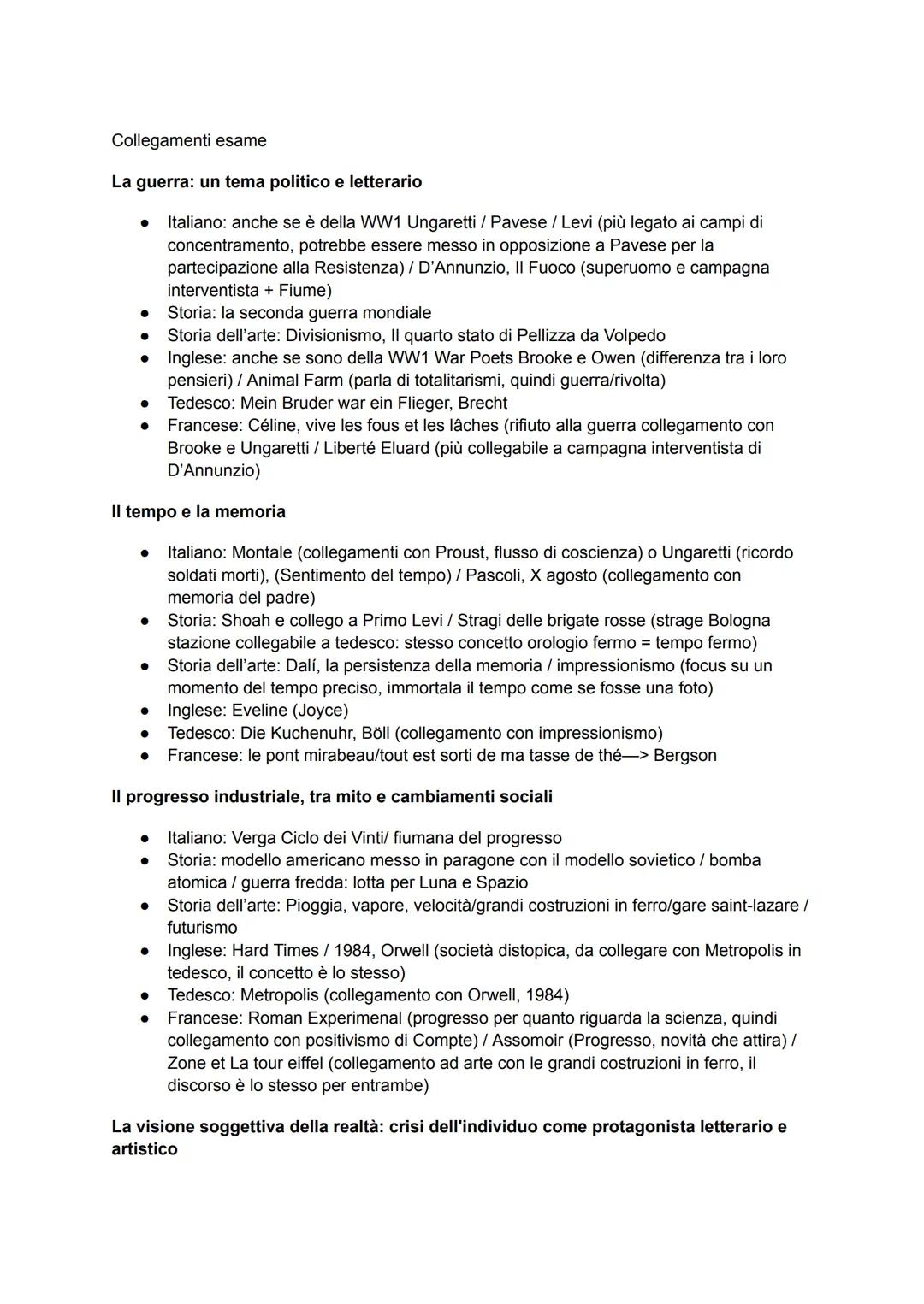 # Collegamenti esame
La guerra: un tema politico e letterario
* Italiano: anche se è della WW1 Ungaretti / Pavese / Levi (più legato ai