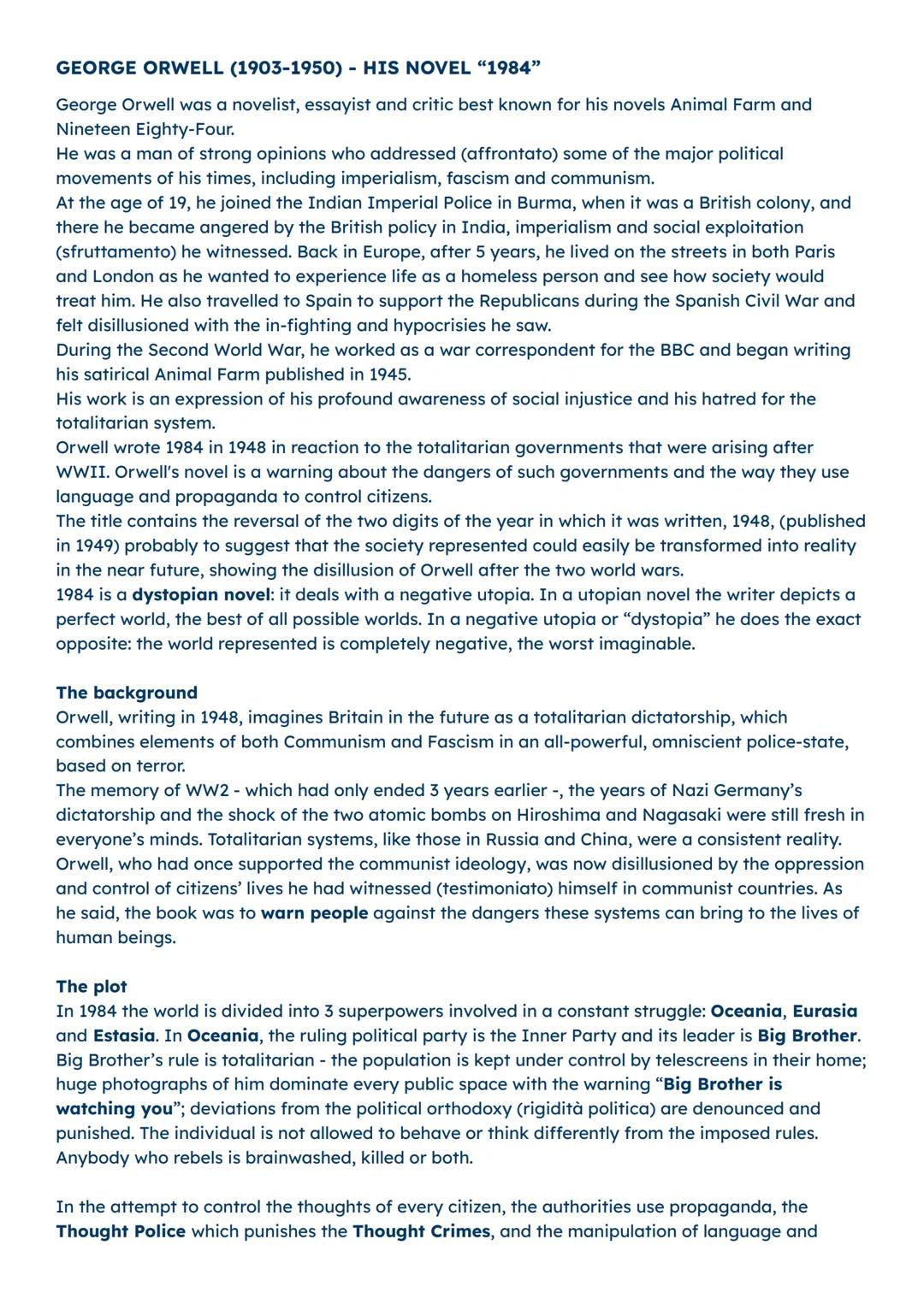 GEORGE ORWELL (1903-1950) - HIS NOVEL "1984"
George Orwell was a novelist, essayist and critic best known for his novels Animal Farm and
Ni