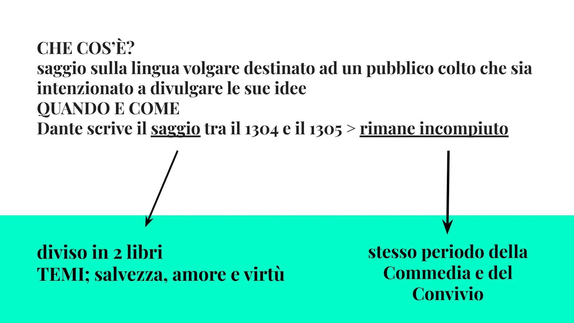 IL DE VULGARI
ELOQUENTIA CHE COS'È?
saggio sulla lingua volgare destinato ad un pubblico colto che sia
intenzionato a divulgare le sue idee