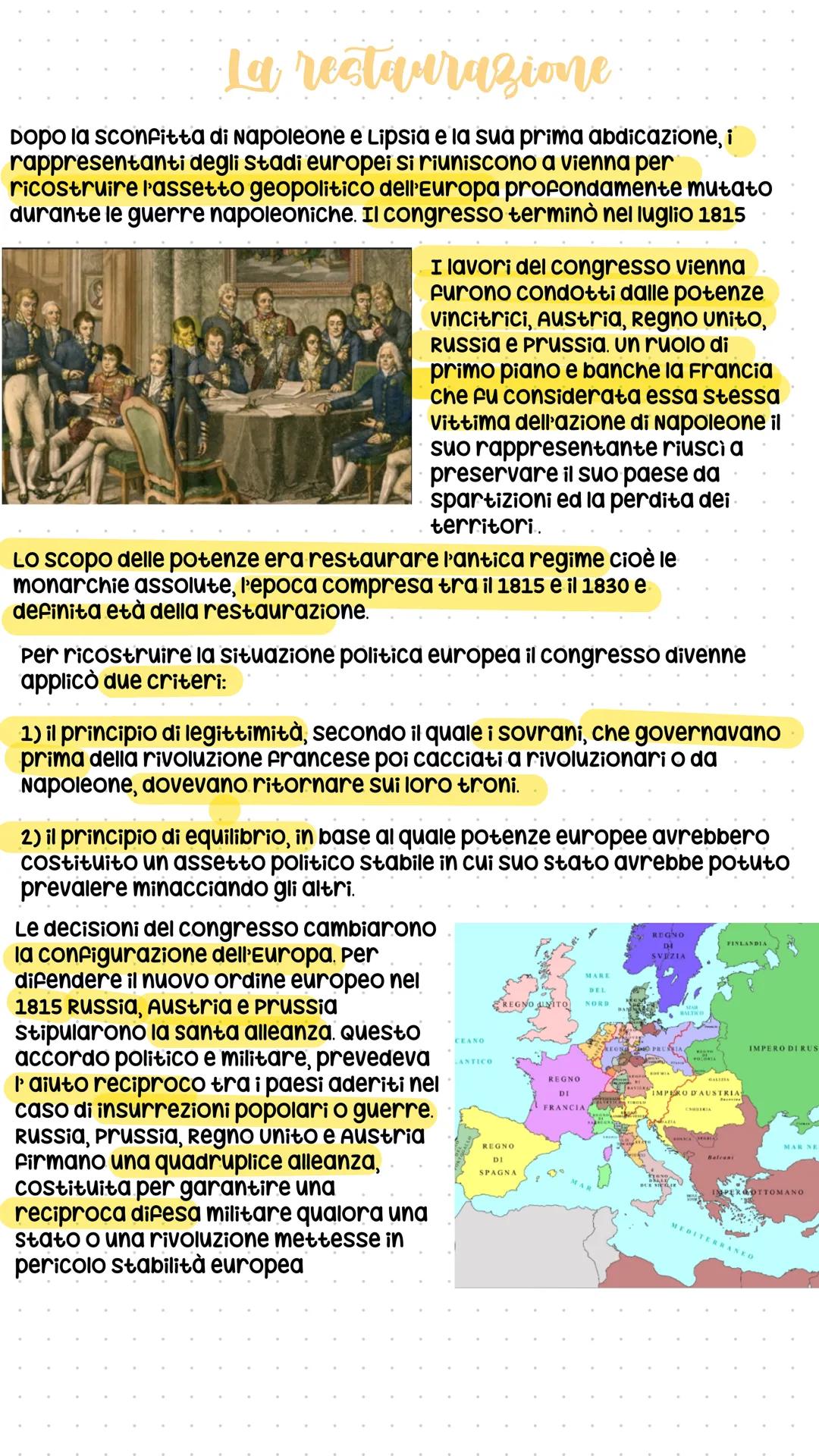 La restaurazione
Dopo la sconfitta di Napoleone e Lipsia e la sua prima abdicazione, i
rappresentanti degli stadi europei si riuniscono a vi