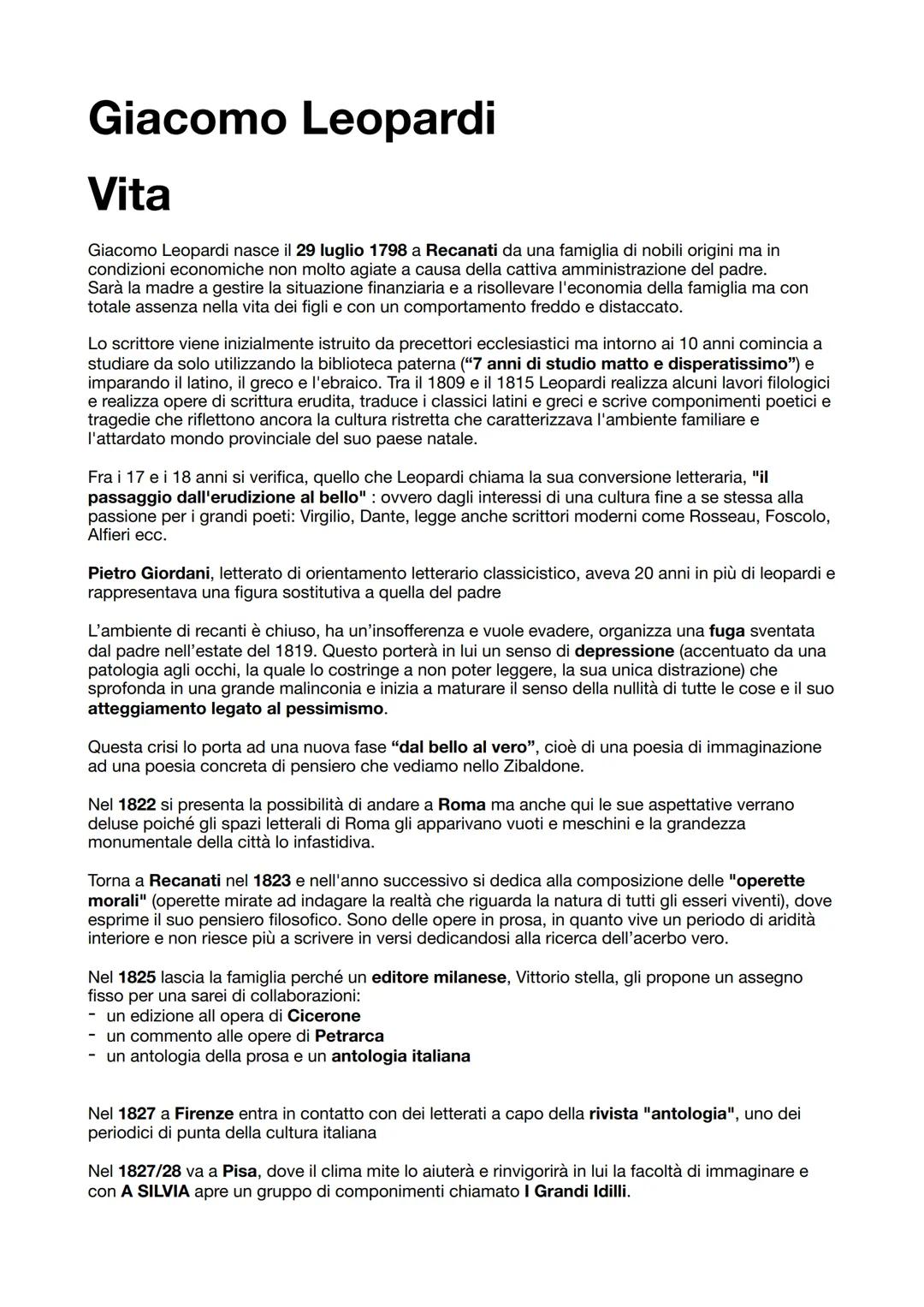 Giacomo Leopardi
Vita
Giacomo Leopardi nasce il 29 luglio 1798 a Recanati da una famiglia di nobili origini ma in
condizioni economiche non