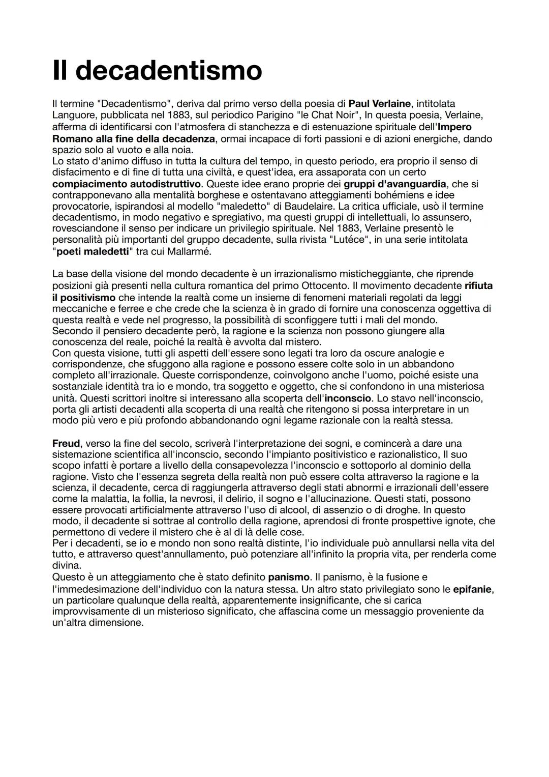 # II decadentismo
Il termine "Decadentismo", deriva dal primo verso della poesia di Paul Verlaine, intitolata
Languore, pubblicata nel 1883