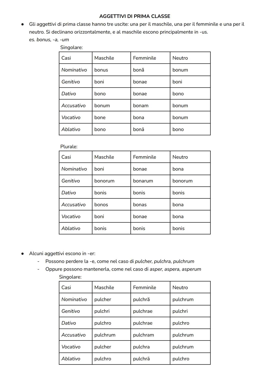 # AGGETTIVI DI PRIMA CLASSE
* Gli aggettivi di prima classe hanno tre uscite: una per il maschile, una per il femminile e una per il
neut