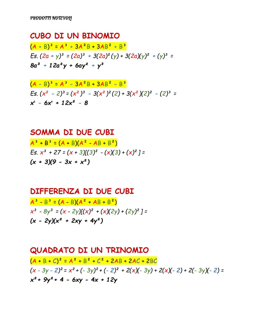 PRODOTTI NOTEVOLI
PRODOTTI NOTEVOLI
Alcuni polinomi sono particolari perché si riconducono a regole che
permettono di abbreviare il calcolo
