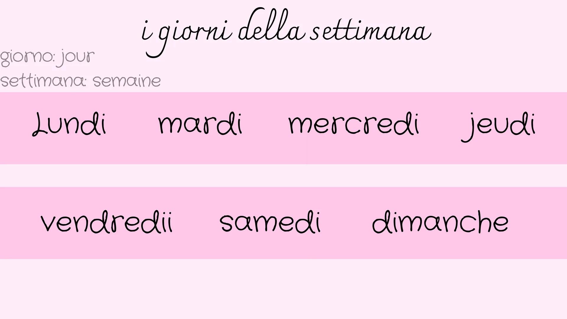 i colori
Les couleurs
rouge
orange
jaune
vert
bleu
gris
(clair)
gris
violet
rose
brun
noir
blanc
(foncรฉ) 1: un 11: onze
2: deux 12: douze
3: