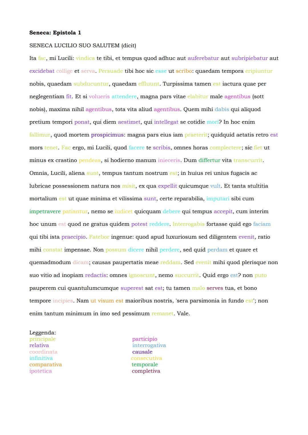 Seneca: Epistola 1
SENECA LUCILIO SUO SALUTEM (dicit)
Ita fac, mi Lucili: vindica te tibi, et tempus quod adhuc aut auferebatur aut subrip