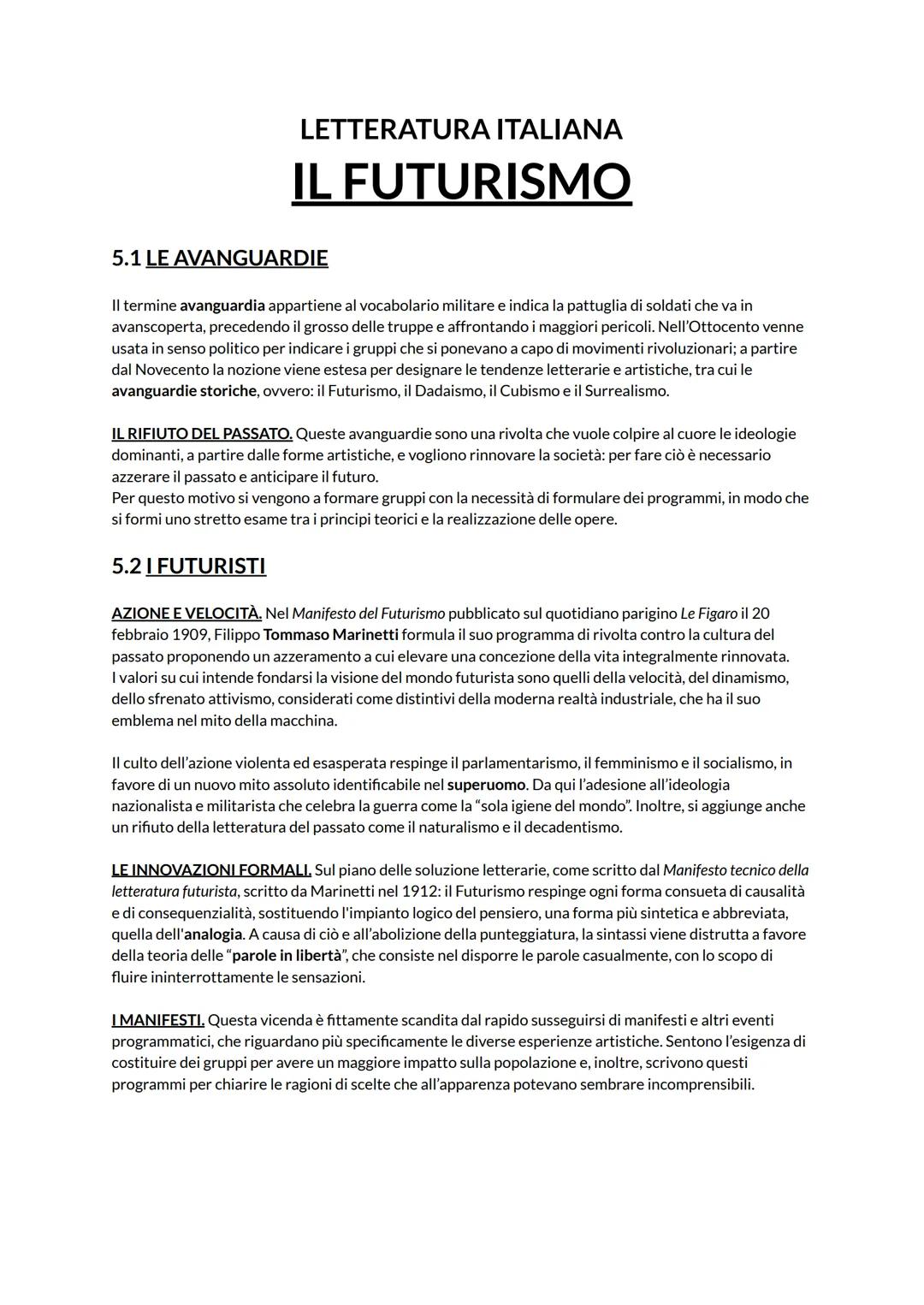 # LETTERATURA ITALIANA
# IL FUTURISMO
## 5.1 LE AVANGUARDIE
Il termine avanguardia appartiene al vocabolario militare e indica la pattugl