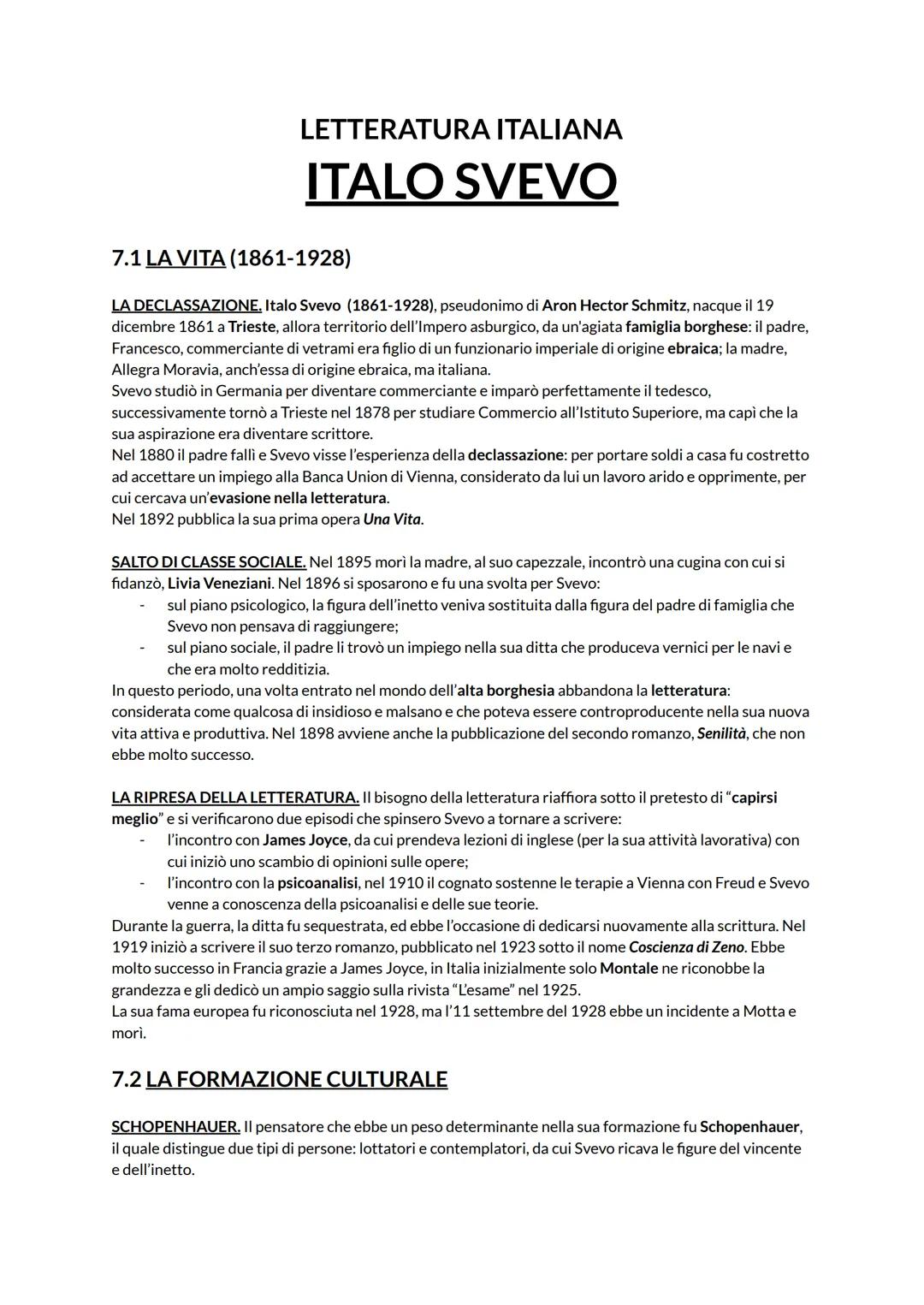 # LETTERATURA ITALIANA
# ITALO SVEVO
7.1 LA VITA (1861-1928)
LA DECLASSAZIONE, Italo Svevo (1861-1928), pseudonimo di Aron Hector Schmitz,