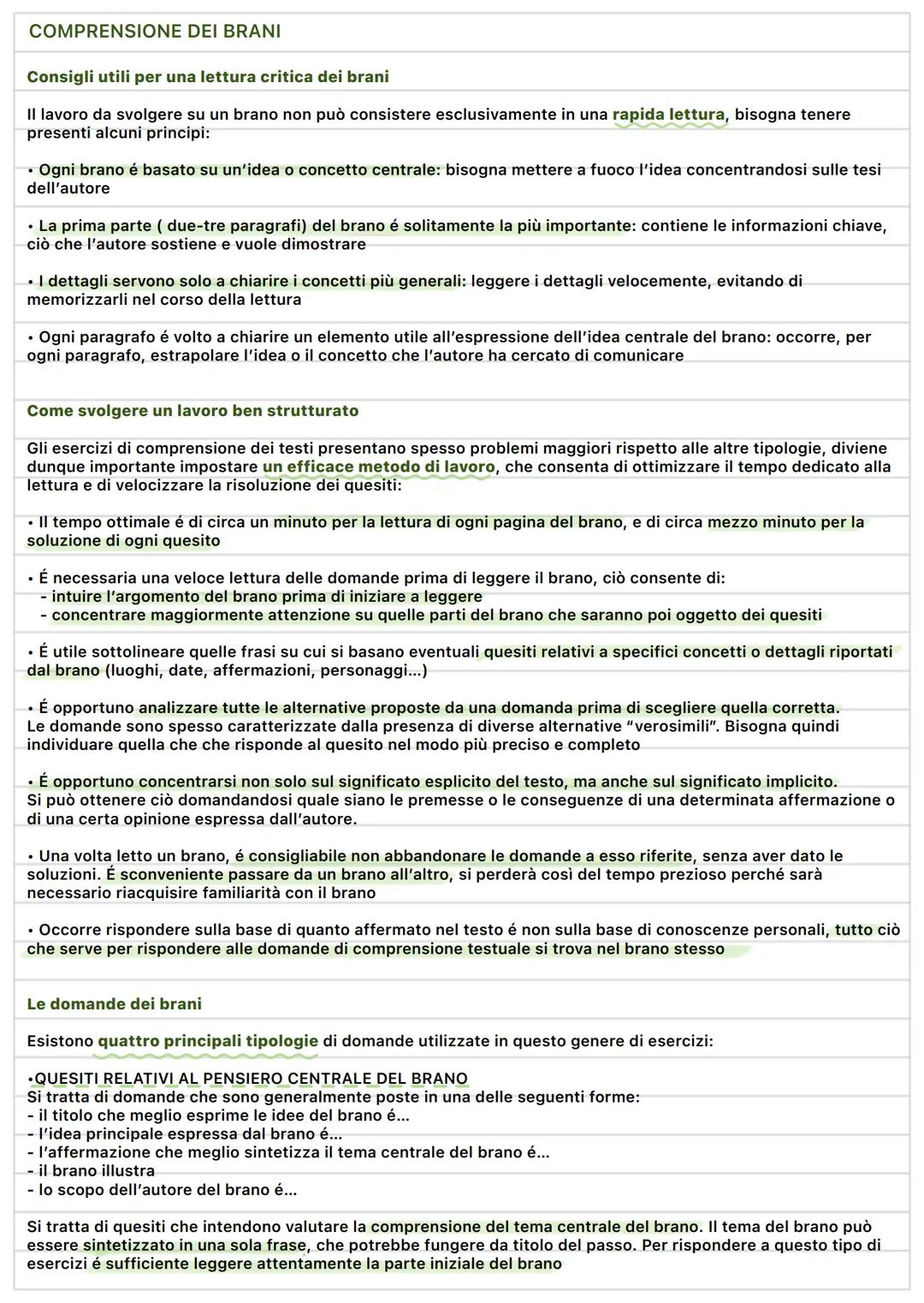 COMPRENSIONE DEI BRANI
Consigli utili per una lettura critica dei brani
Il lavoro da svolgere su un brano non può consistere esclusivamente