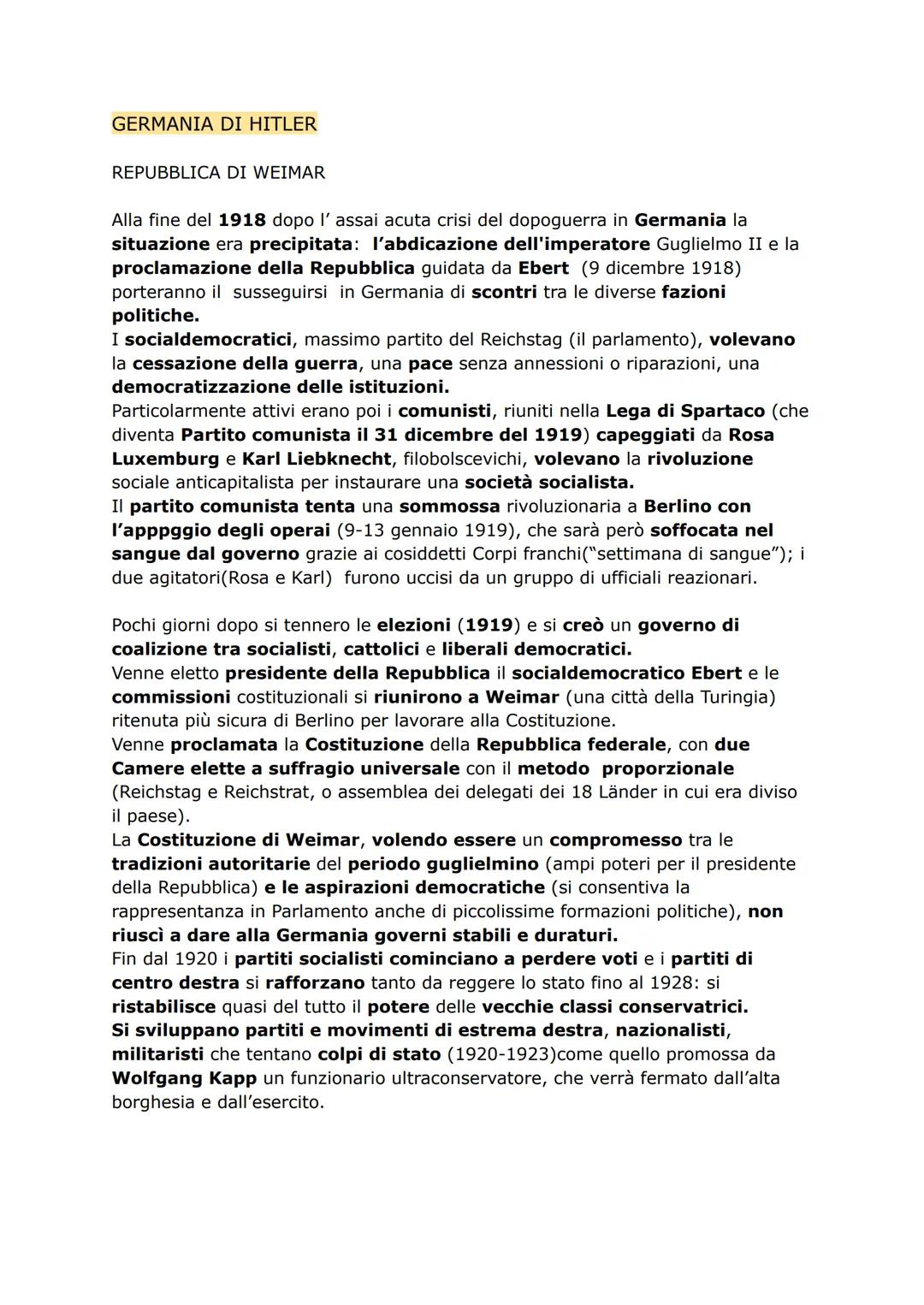 # GERMANIA DI HITLER
REPUBBLICA DI WEIMAR
Alla fine del 1918 dopo l' assai acuta crisi del dopoguerra in Germania la
situazione era precip