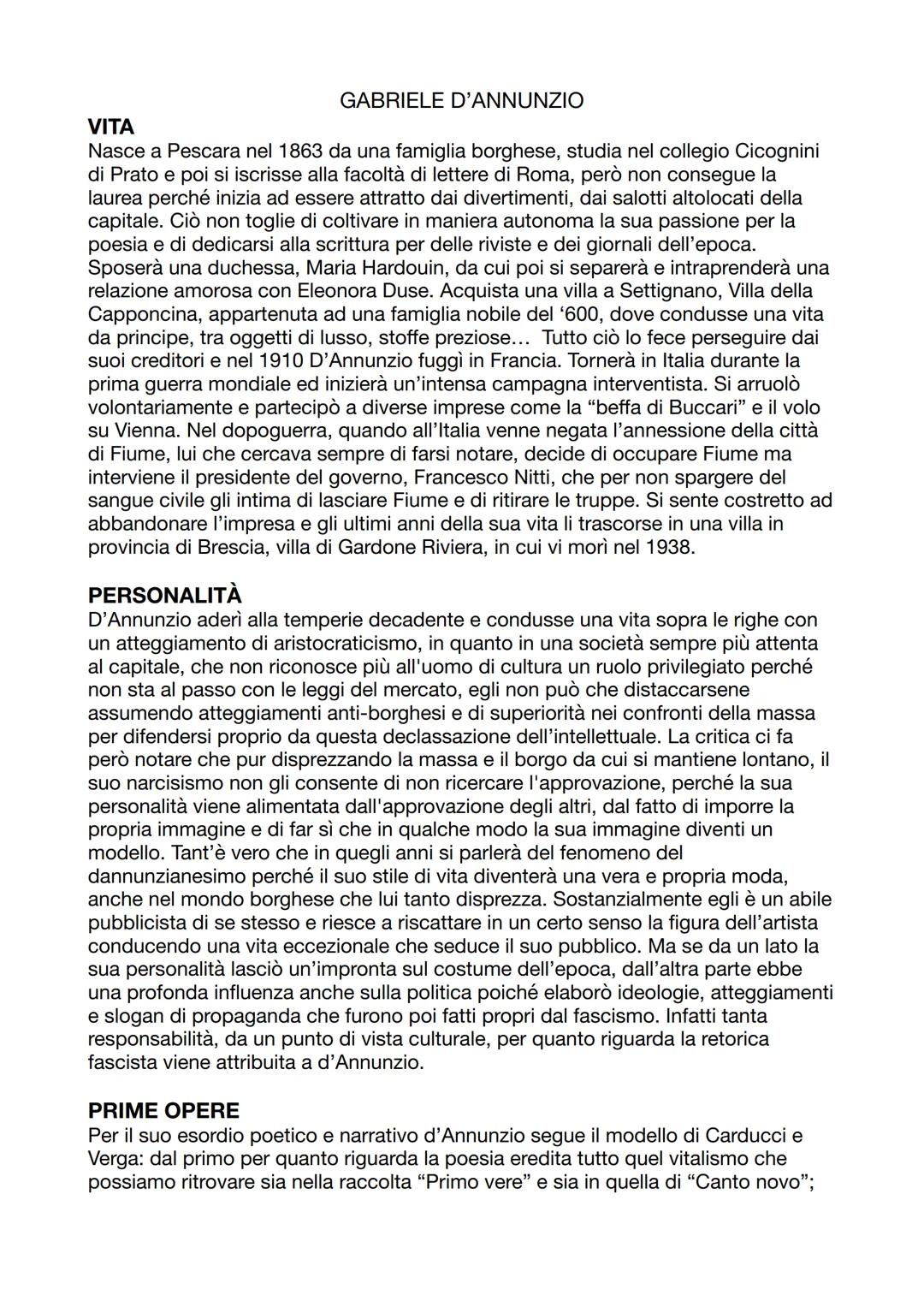 # GABRIELE D'ANNUNZIO
## VITA
Nasce a Pescara nel 1863 da una famiglia borghese, studia nel collegio Cicognini
di Prato e poi si iscrisse