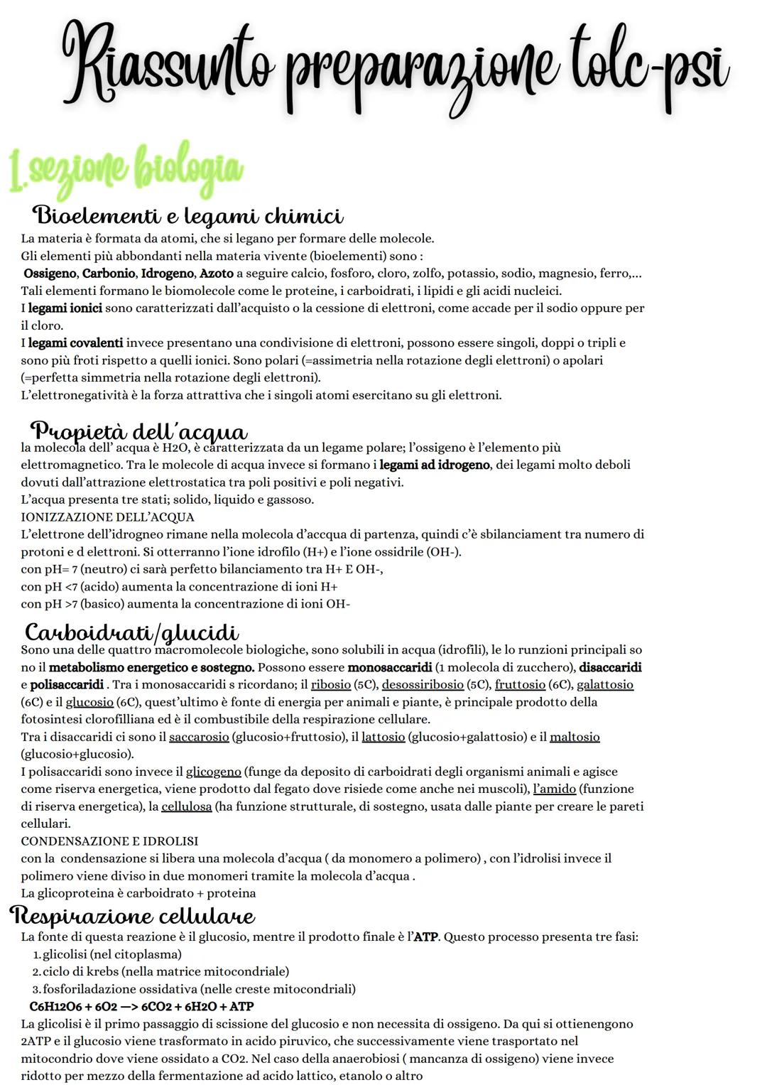 Riassunto preparazione tolc-psi
1 sezione biologia
Bioelementi e legami chimici
La materia è formata da atomi, che si legano per formare del