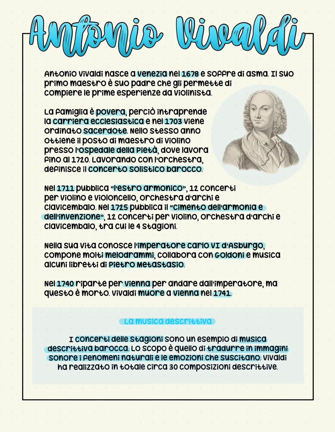 # Antonio Vivaldi
Antonio Vivaldi nasce a venezia nel 1678 e soffre di asma. Il suo
primo maestro è suo padre che gli permette di
compiere