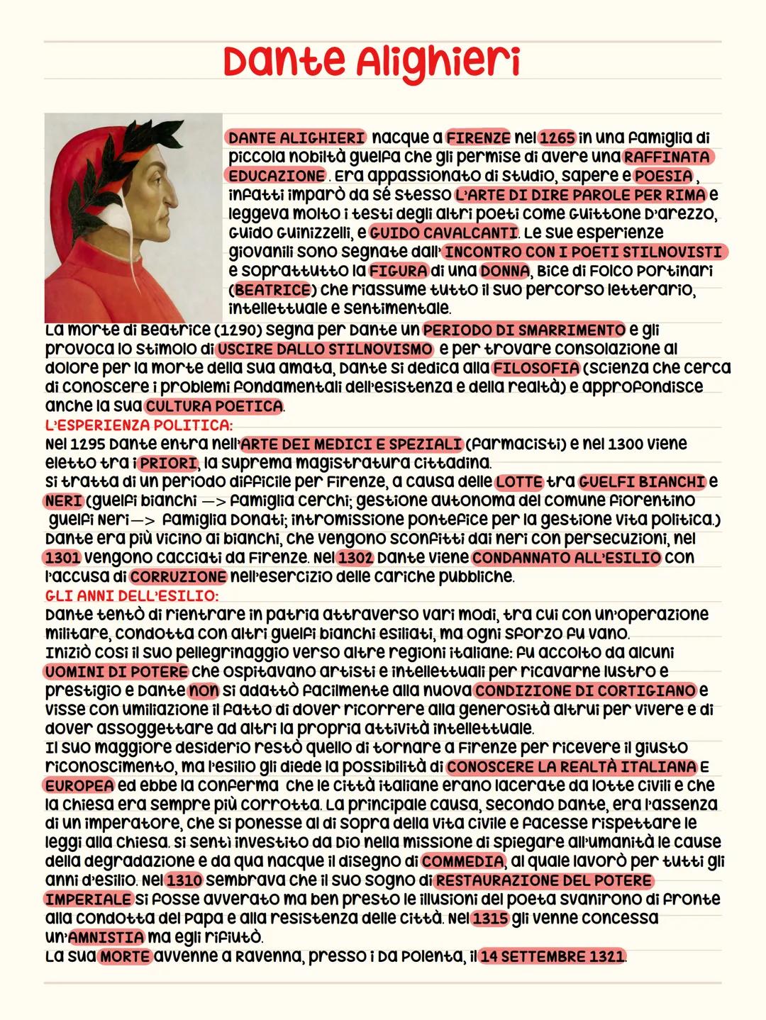 # Dante Alighieri
DANTE ALIGHIERI nacque a FIRENZE nel 1265 in una famiglia di
piccola nobiltà gueifa che gli permise di avere una RAFFINAT