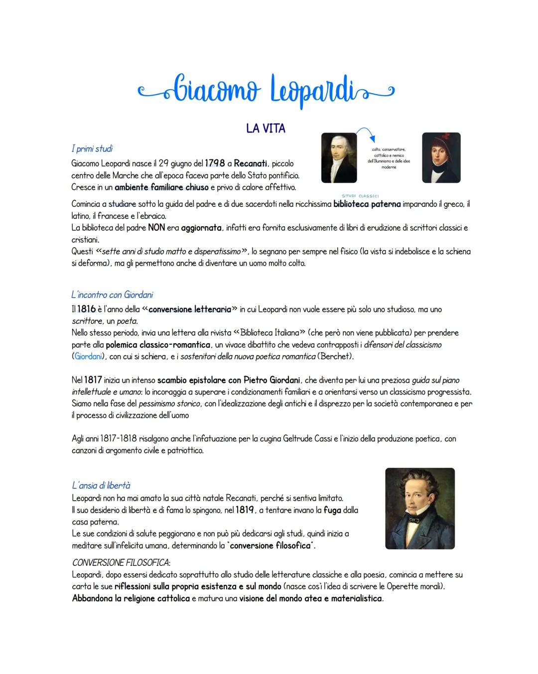 # Giacomo Leopardi
LA VITA
I primi studi
Giacomo Leopardi nasce il 29 giugno del 1798 a Recanati, piccolo
centro delle Marche che all'epo