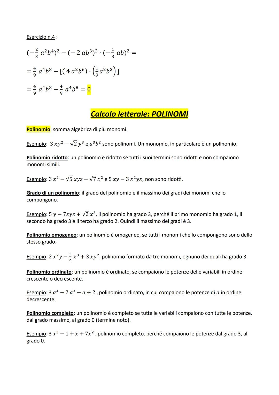 Calcolo letterale: MONOMI
Monomio: espressione letterale in cui compaiono solo moltiplicazioni e potenze tra numeri
(coefficienti) e lettere
