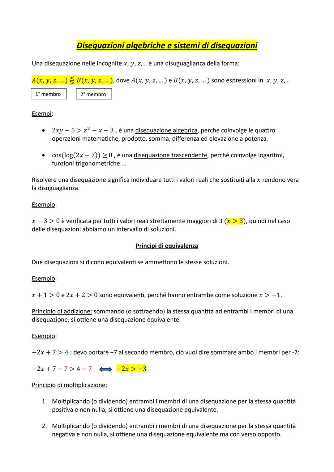 # Disequazioni algebriche e sistemi di disequazioni
Una disequazione nelle incognite x, y, z,... è una disuguaglianza della forma:
$A(x, y