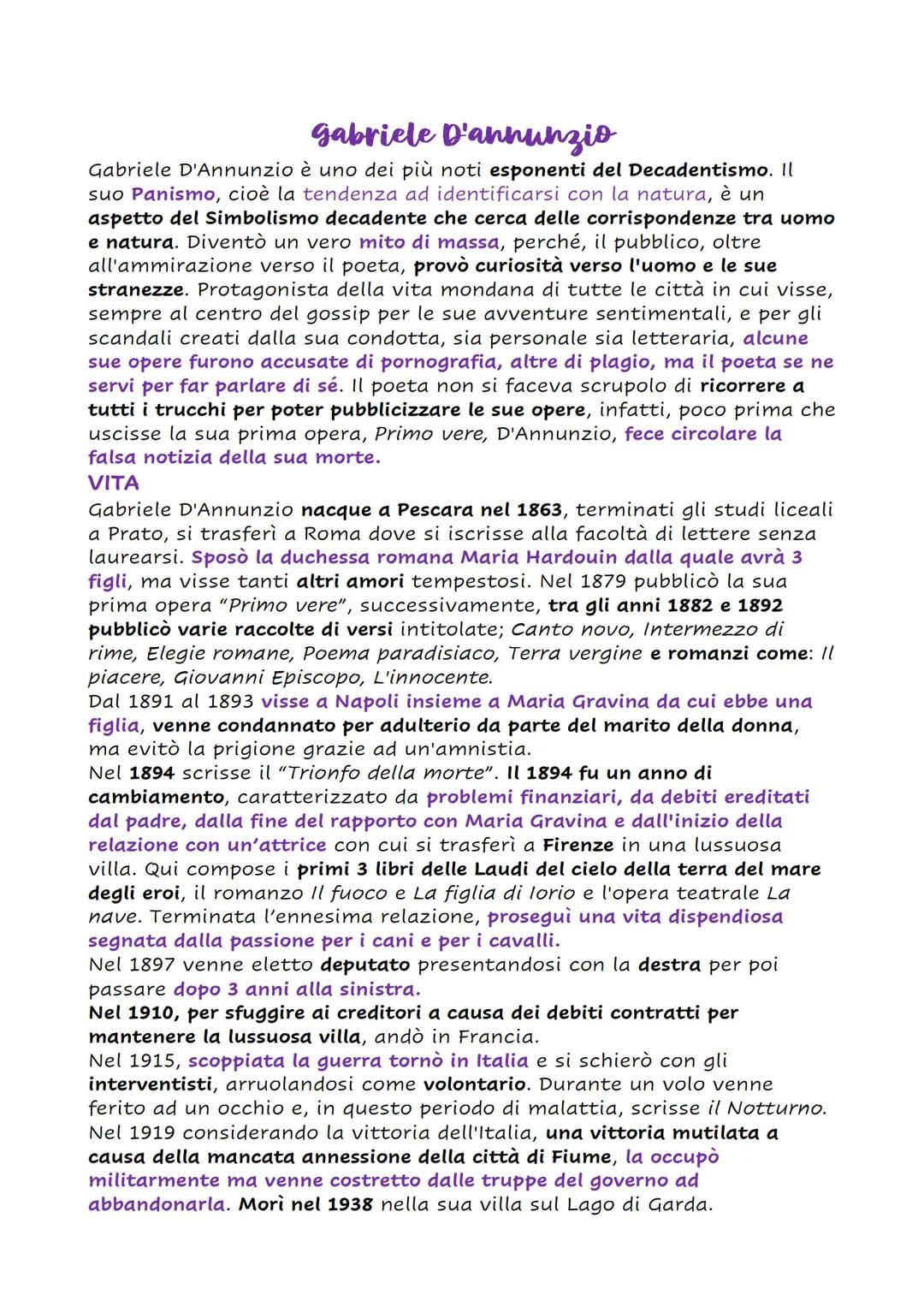 # Gabriele D'annunzio
Gabriele D'Annunzio è uno dei più noti esponenti del Decadentismo. Il
suo Panismo, cioè la tendenza ad identificarsi