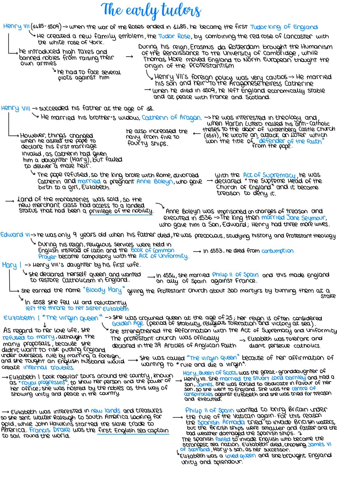 # The early tudors
Henry VII (1485-1509) -> when the war of the Roses ended in 1485, he became the first Tudor king of England
He created a