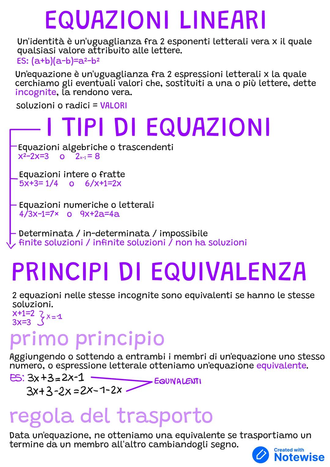 EQUAZIONI LINEARI
Un'identità è un'uguaglianza fra 2 esponenti letterali vera x il quale
qualsiasi valore attribuito alle lettere.
ES: (a+b)