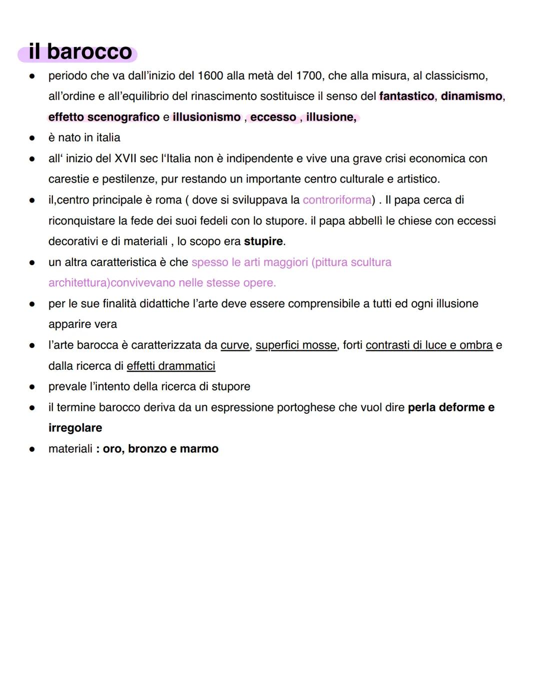 il barocco
•
•
.
periodo che va dall'inizio del 1600 alla metà del 1700, che alla misura, al classicismo,
all'ordine e all'equilibrio del ri