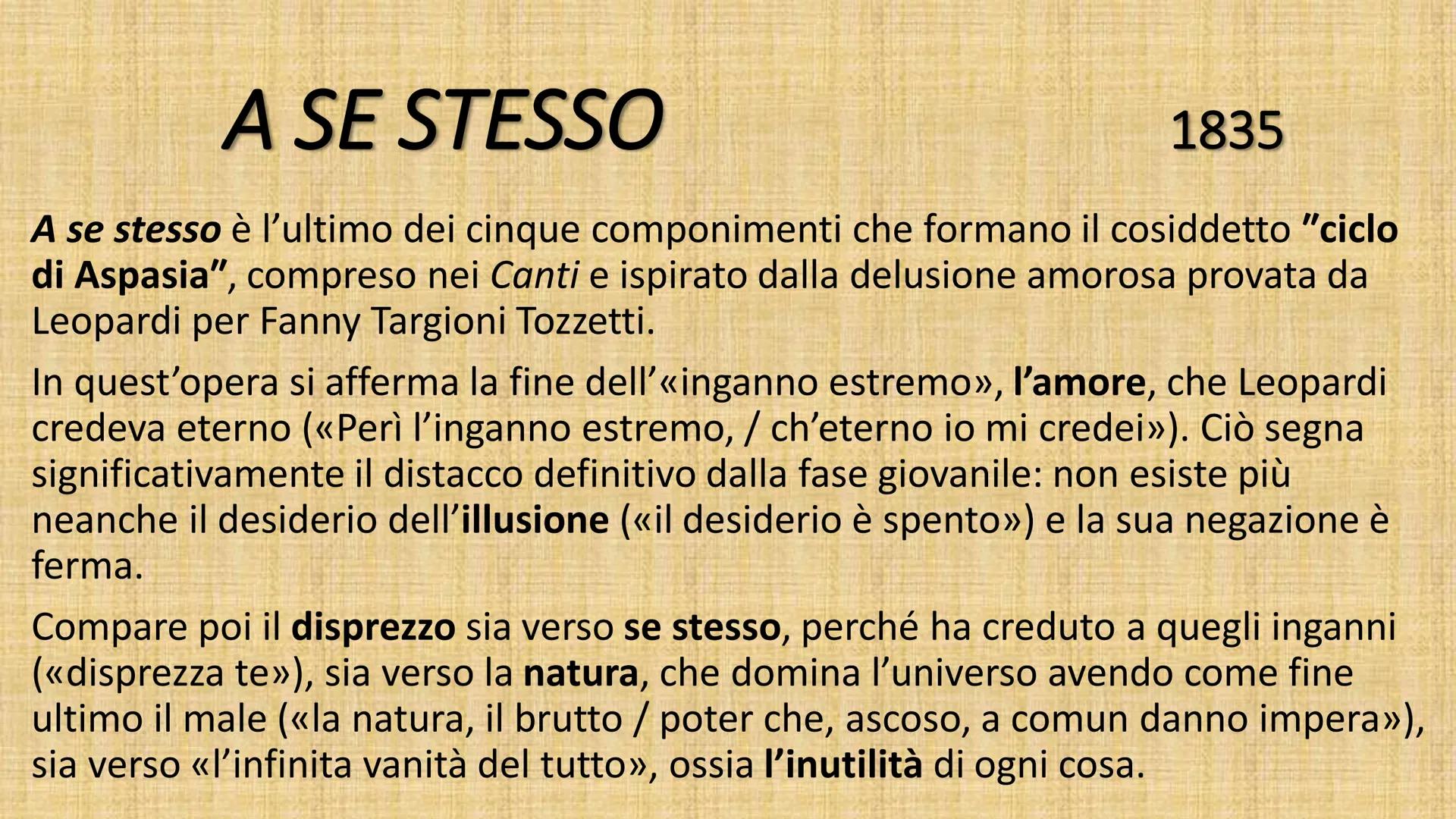 # A SE STESSO
DI GIACOMO LEOPARDI
XXVIII
A SE STESSO
Or poserai per sempre,
stanco mio cor. Peri l'inganno estremo,
ch'eterno io mi cred