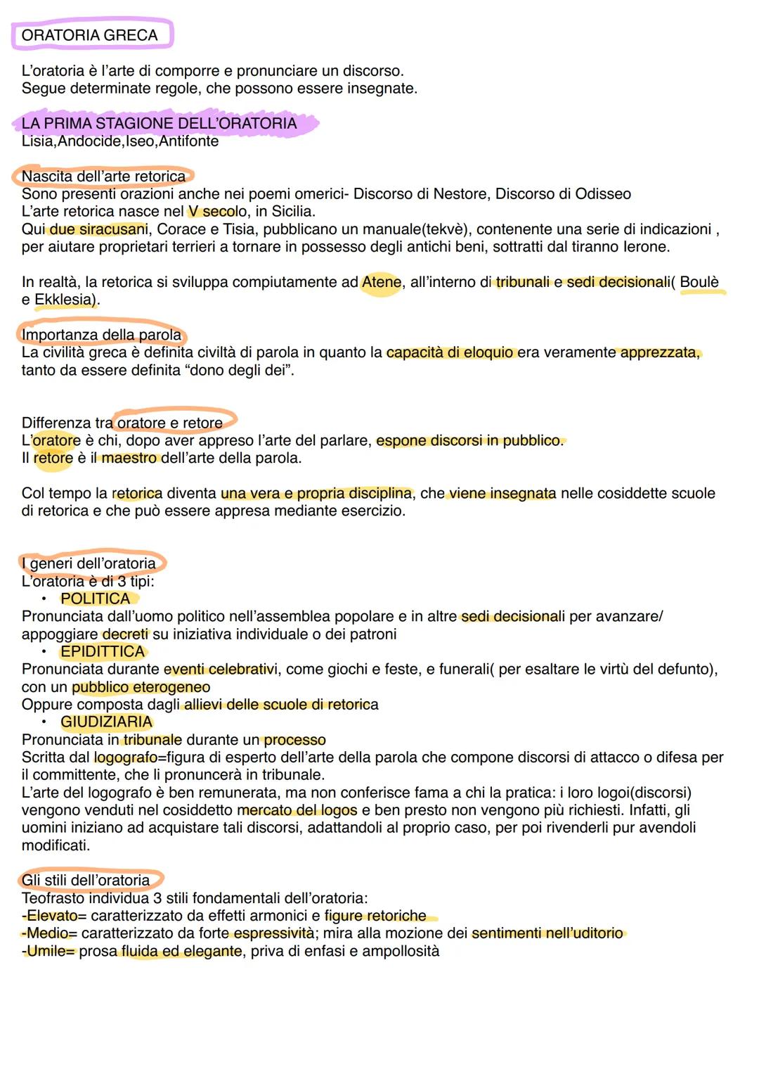 ORATORIA GRECA
L'oratoria è l'arte di comporre e pronunciare un discorso.
Segue determinate regole, che possono essere insegnate.
LA PRIMA S